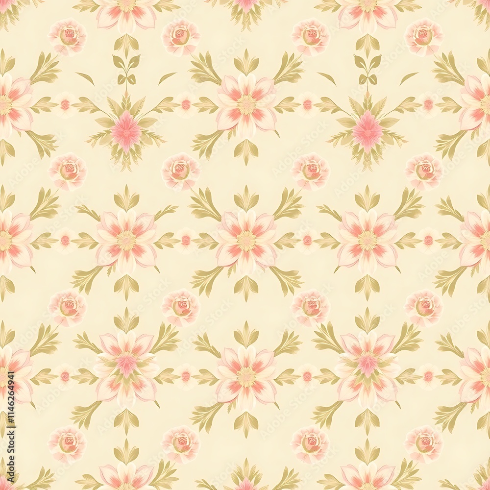 Floral Damask Pattern: A delicate and intricate pattern of pastel pink and green flowers, arranged in a symmetrical damask design. Floral Damask Pattern: A delicate and intricate pattern of pastel pink and green flowers, arranged in a symmetrical damask design.