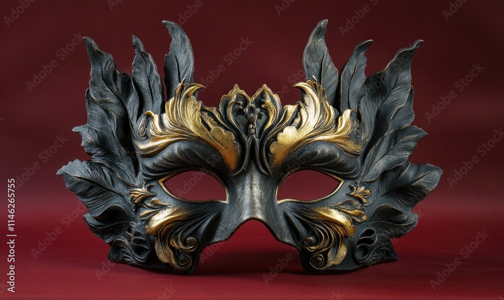 Naklejka premium A black and gold mask with gold leaves on it