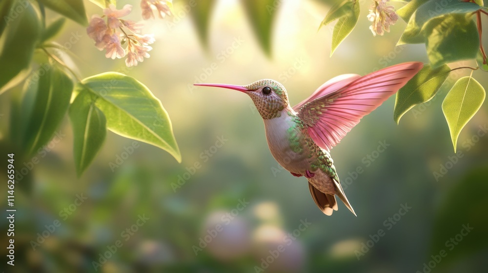 Fototapeta premium Vibrant Hummingbird in Flight among Lush Greenery and Blossoms