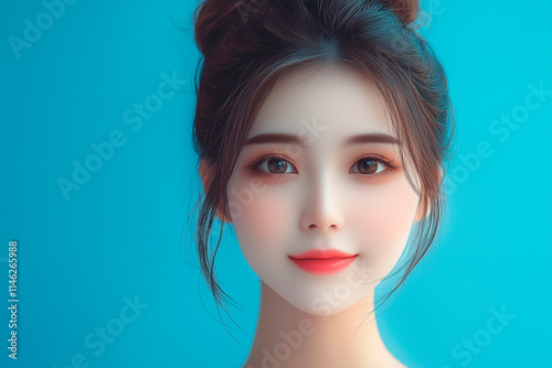 ID photo style, a 25-year-old Chinese girl with a bun, a smiling face, bright eyes, a blue background, simple and clean