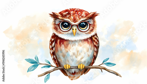 Wise Owl Watercolor Illustration, perched on branch, soft background, children's book illustration. photo