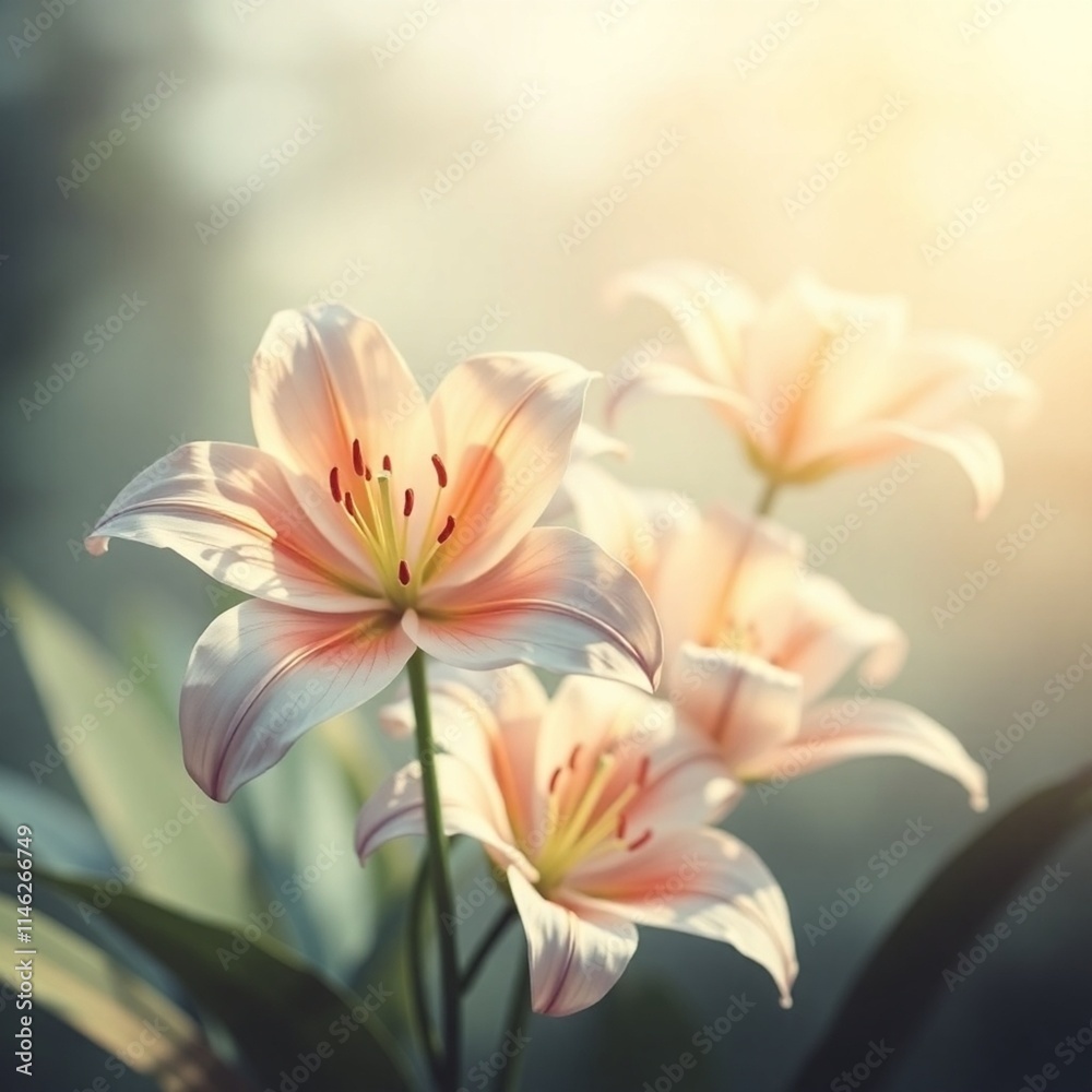 Naklejka premium A soft, dreamy atmosphere image of lilies in nature, rendered in an intricate origami style with folded paper, geometric precision, hazy soft light, and geometric shapes