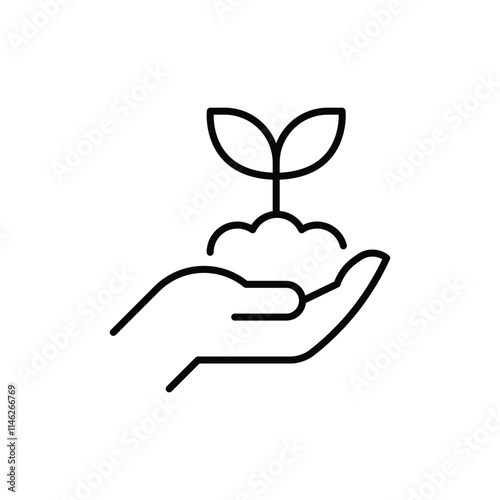 Plant in hand icon. Simple outline style. Hand holding plant with leaves, tree, grow, leaf, sprout, seedling, nature, ecology concept. Thin line symbol. Vector illustration isolated.