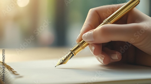Elegant Hand Writes with a Golden Fountain Pen on a Notebook photo