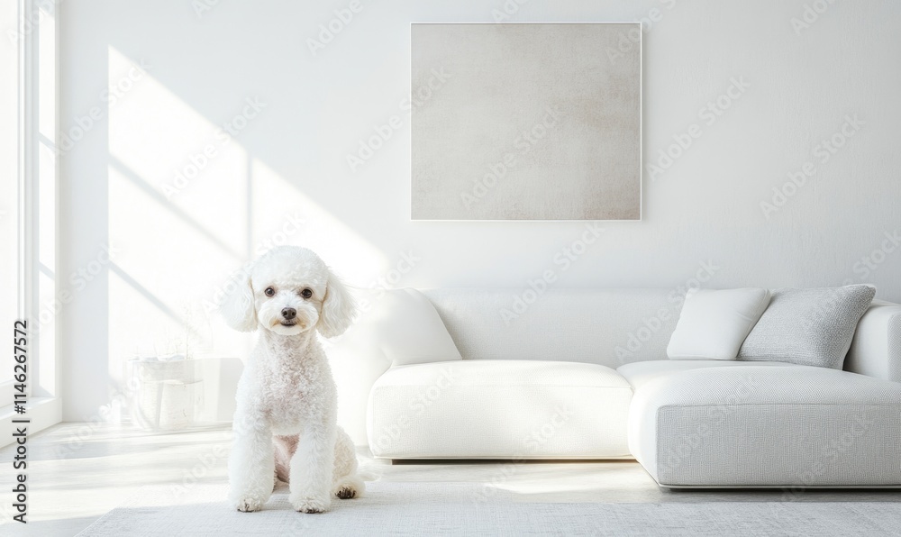 A white dog is sitting on a rug in a living room A white dog is sitting on a rug in a living room