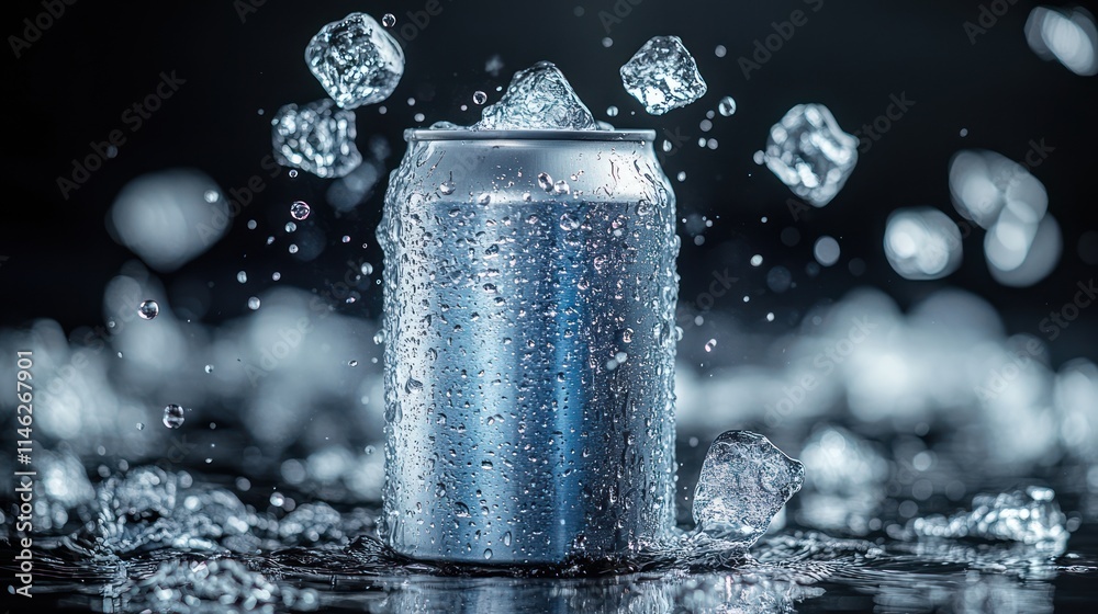 Cold canned drink with ice cubes splashing around. Cold canned drink with ice cubes splashing around.