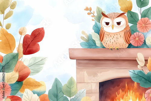 Autumn Owl Fireplace Watercolor Illustration Cozy Home Decor. photo