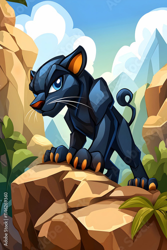 Black Panther Cub Mountain Peak Jungle Game Mascot Illustration. photo