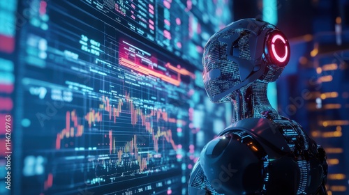 Artificial intellingence trading concept with robot silhouette at blue background and forex chart data with financial graphs inside. Double exposure. 3D rendering