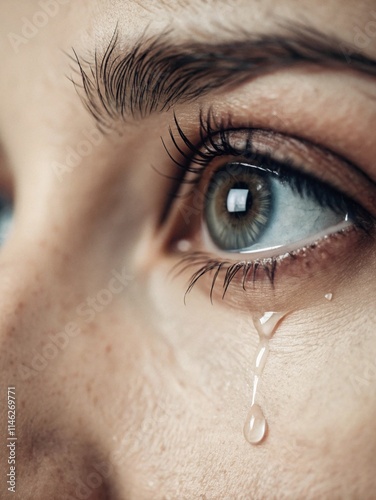 Close-up of a teary eye conveying deep emotion and vulnerability during a moment of reflection in soft lighting photo