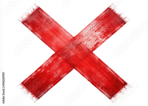 Grunge Red X Mark, Distressed Cross Symbol, White Background, Error Sign, Wrong Mark, Cancellation Stamp, Texture Overlay, Graphic Design Element