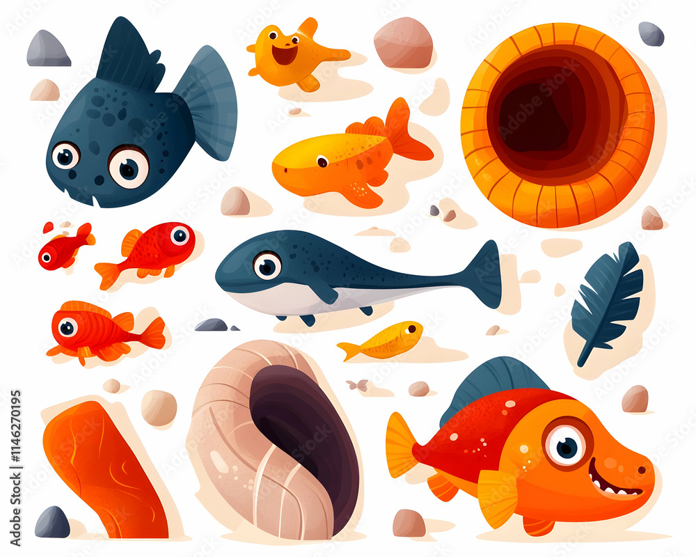 Naklejka premium Cartoon Fish Collection Underwater Scene, Aquarium Elements, Kids Book Illustration.