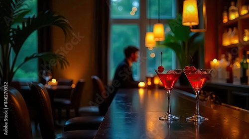 Two cherry cocktails on a dimly lit bar, a blurred figure sits in the background