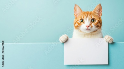 Cute cat with blank card on blue background. Copy space.