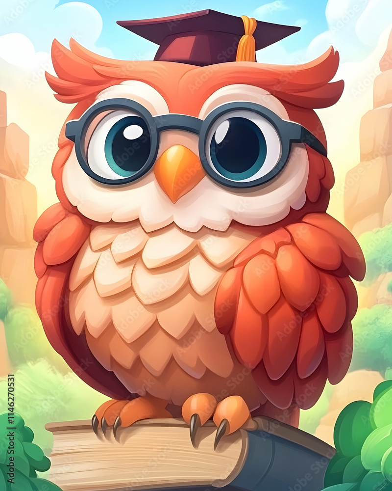 Fototapeta premium Cartoon owl with glasses and grad cap sits on books, sunny outdoor background, for educational materials.