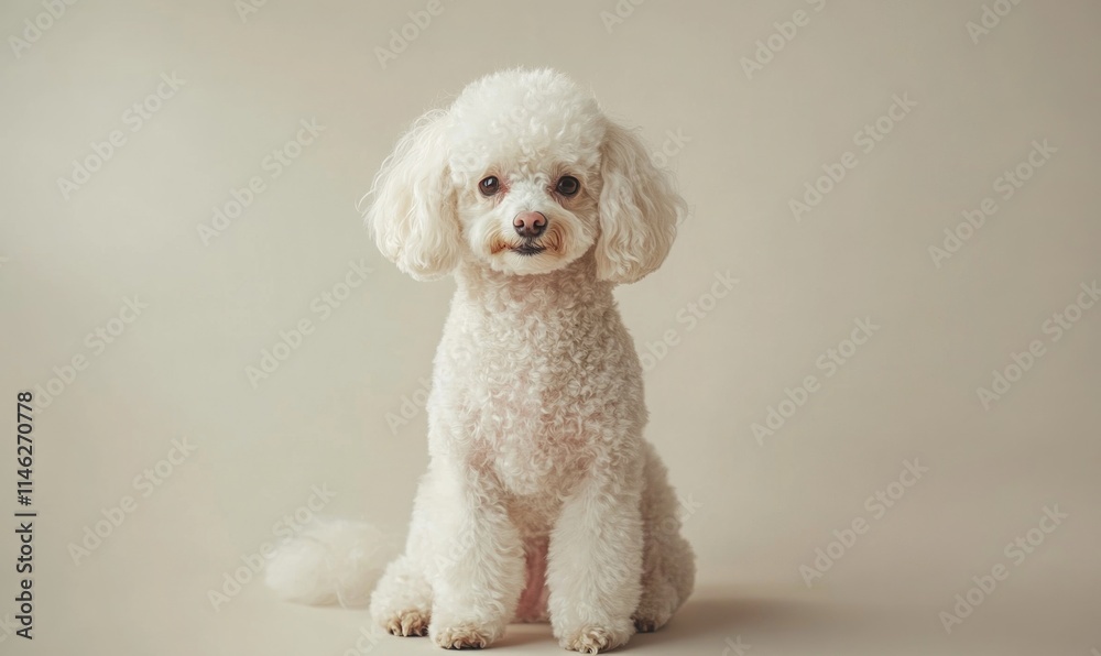 A white poodle is sitting on a white surface A white poodle is sitting on a white surface