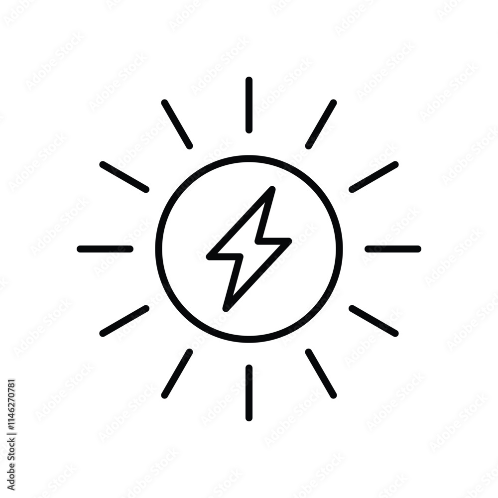 Solar power icon. Simple outline style. Energy, sun and lightning, electric, nature, innovation, sustainability, environment concept. Thin line symbol. Vector illustration isolated. Solar power icon. Simple outline style. Energy, sun and lightning, electric, nature, innovation, sustainability, environment concept. Thin line symbol. Vector illustration isolated.