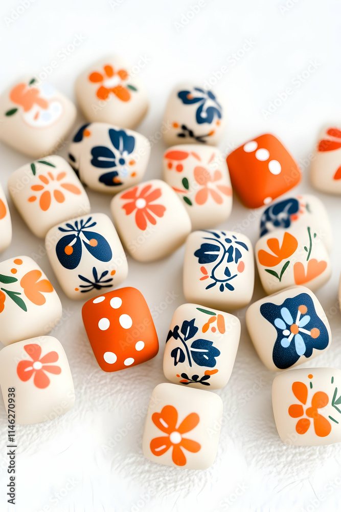 Ceramic floral beads scattered on a white surface, for crafting. Ceramic floral beads scattered on a white surface, for crafting.
