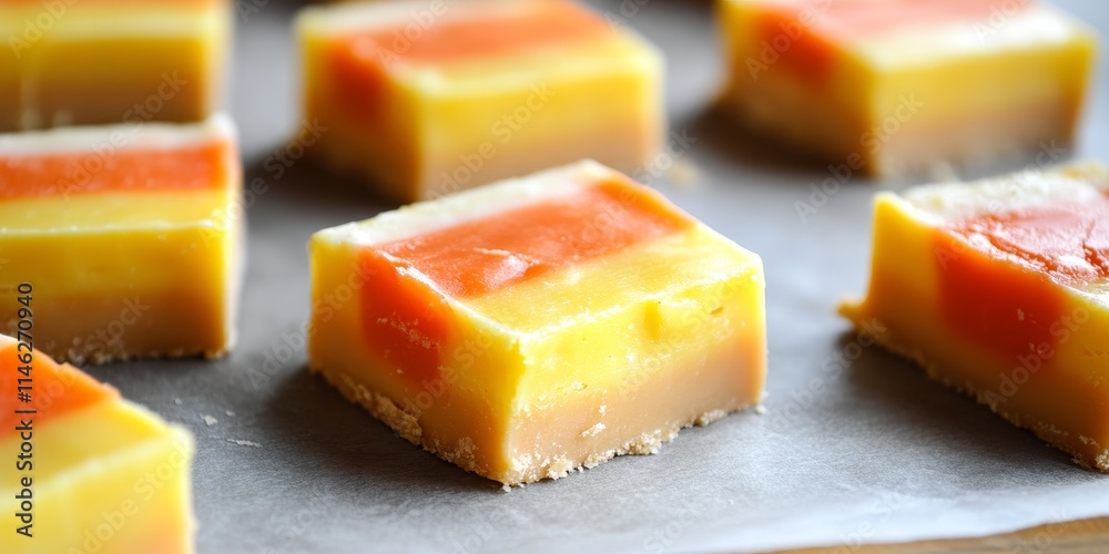 Scoring candy corn fudge with a parchment paper template allows for precise cutting into small candy corn fudge pieces, ensuring an even and attractive presentation of the candy corn fudge. Scoring candy corn fudge with a parchment paper template allows for precise cutting into small candy corn fudge pieces, ensuring an even and attractive presentation of the candy corn fudge.
