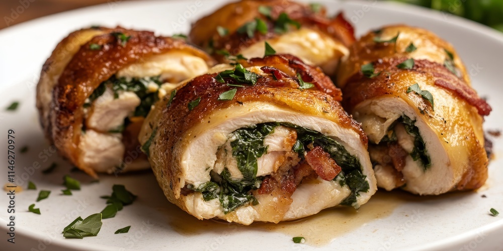 Delicious chicken roll featuring fresh spinach and crispy bacon, the perfect combination for a savory chicken roll that satisfies your cravings for flavor and texture in every bite. Delicious chicken roll featuring fresh spinach and crispy bacon, the perfect combination for a savory chicken roll that satisfies your cravings for flavor and texture in every bite.