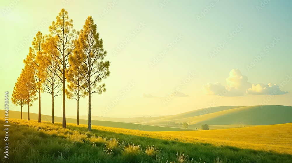 Fototapeta premium Golden Hour Serenity Four Silhouetted Pines Stand Tall Against a Gently Rolling Meadow Basking in the Warmth of the Setting Sun