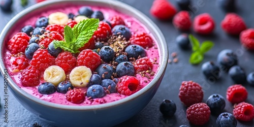 Nutritious breakfast bowl featuring vibrant berries, presenting a delicious blend for a healthy start. This healthy bowl is perfect for those seeking a berry infused breakfast option. photo