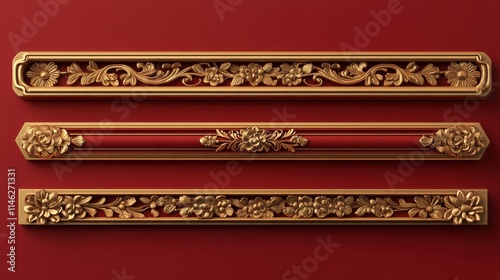 Chinese borders. Gold on red asian new year decorative traditional frames, oriental line vintage japanese pattern for image frame set photo