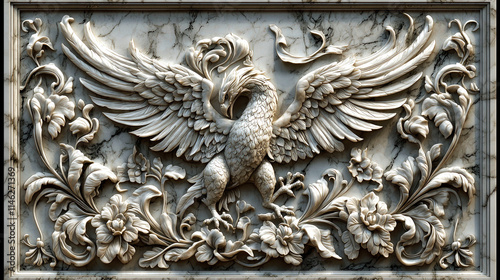 White marble phoenix relief sculpture.