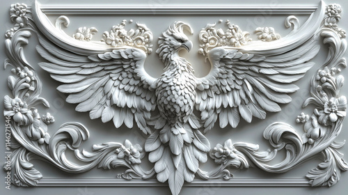 White ornate bird relief sculpture.