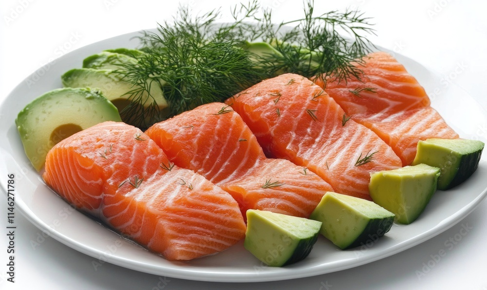 A plate of salmon and cucumber slices A plate of salmon and cucumber slices
