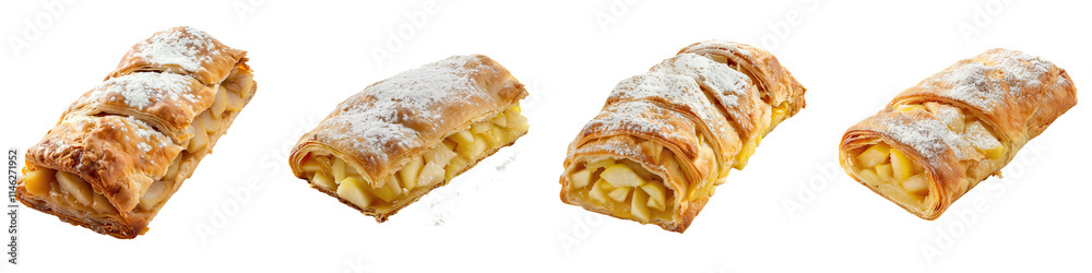 A series of four delicious, golden-brown strudel pastries with a flaky crust and a dusting of powdered sugar.