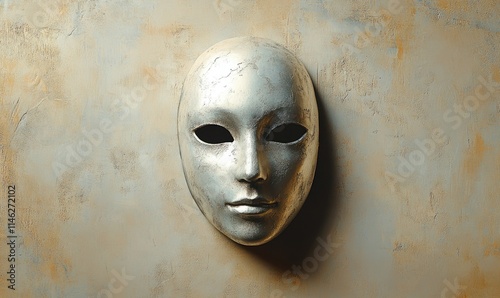 A silver mask with a face on it