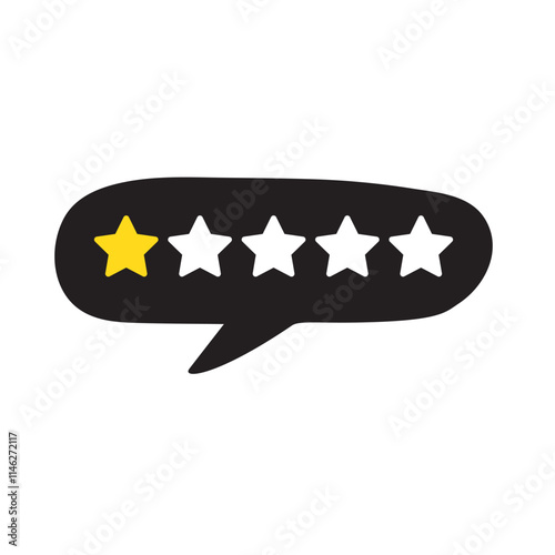 Speech bubble with 1 star rating review. Hand drawn design. Vector illustration on white background.