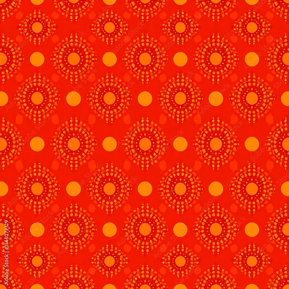 Red and Orange Geometric Pattern: A vibrant, seamless textile design featuring a repeating pattern of red and orange circles and sunburst motifs. Perfect for backgrounds, fabrics, and surface designs. Red and Orange Geometric Pattern: A vibrant, seamless textile design featuring a repeating pattern of red and orange circles and sunburst motifs. Perfect for backgrounds, fabrics, and surface designs.