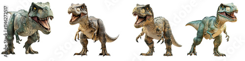 A series of articulated allosaurus dinosaur figures showcasing different poses, highly detailed, featuring fierce expressions and vibrant textures. photo