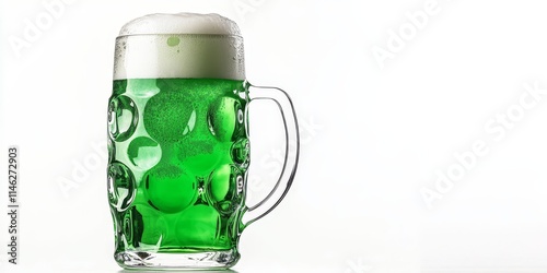 A large beer stein filled with vibrant green beer, showcasing the essence of celebration, is beautifully isolated against a clean white background, emphasizing the unique beer experience.