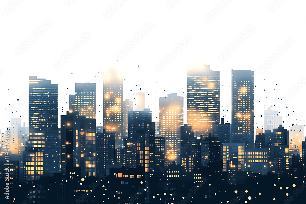 Silhouette of an urban city skyline with illuminated windows on a white background
Silhouette of an urban city skyline with illuminated windows on a white background