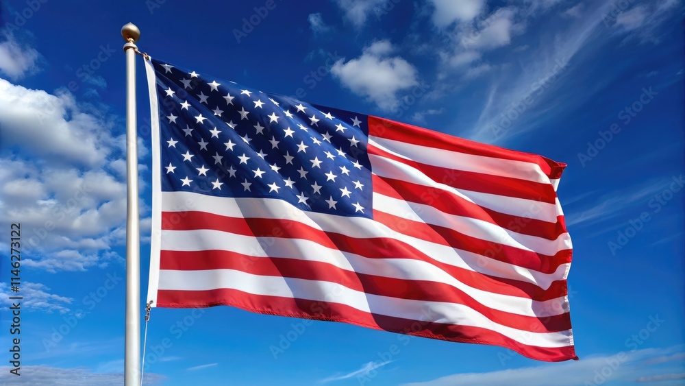 American Flag Waving in the Wind Against a Clear Blue Sky American Flag Waving in the Wind Against a Clear Blue Sky
