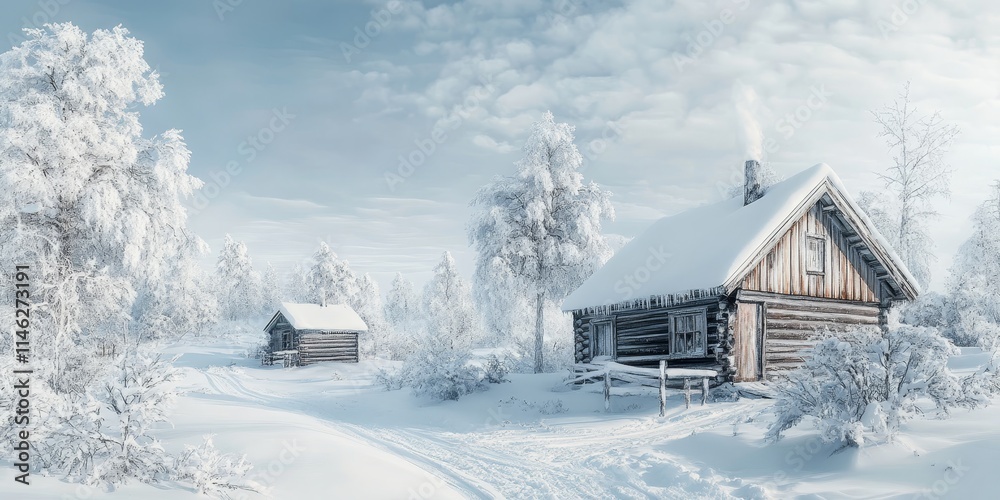 Snow covered old wooden cabin and storage house, commonly known as stabbur, in winter. This scene features the charming design of a stabbur, set in a beautiful winter landscape. Snow covered old wooden cabin and storage house, commonly known as stabbur, in winter. This scene features the charming design of a stabbur, set in a beautiful winter landscape.