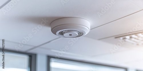 Smoke detector installed on a plain ceiling, showcasing a fire alarm system design that emphasizes safety and security in any environment. Reliable smoke detector functions within the fire alarm