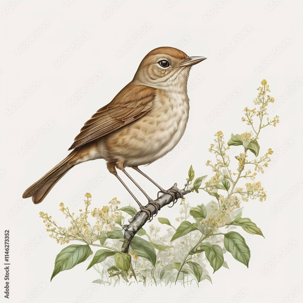 Fototapeta premium Elegant painting of a nightingale bird resting on a branch, minimal white backdrop. 