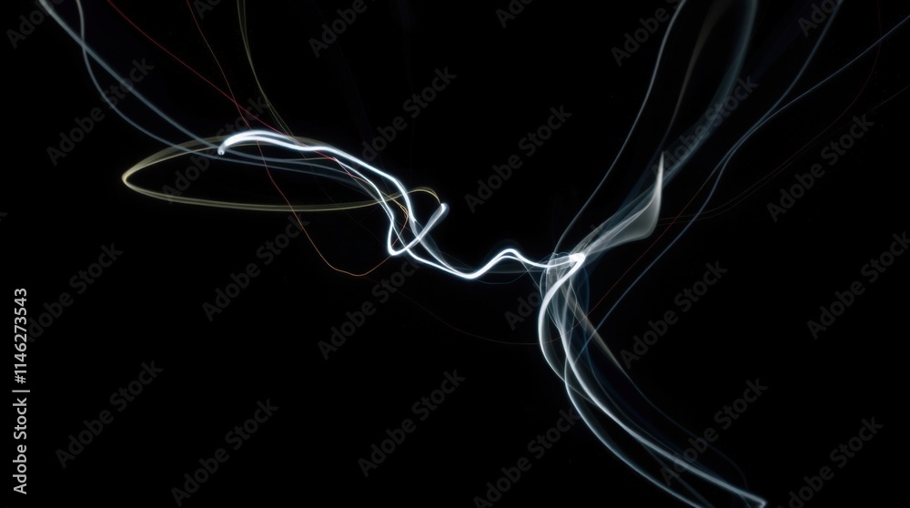 Abstract Light Trails Dance in the Night: A mesmerizing display of light trails creates an abstract and dynamic composition on a black background. The lines twist, turn, and intersect. Abstract Light Trails Dance in the Night: A mesmerizing display of light trails creates an abstract and dynamic composition on a black background. The lines twist, turn, and intersect.