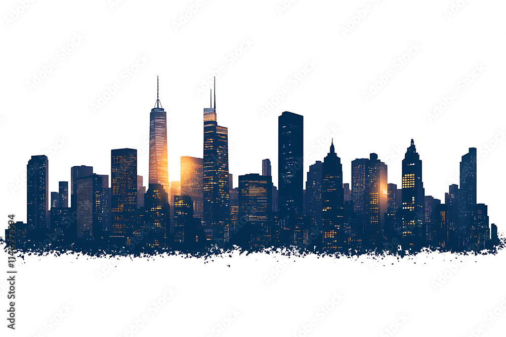 Fototapeta premium Minimalist silhouette of a glowing city skyline with tall skyscrapers on white