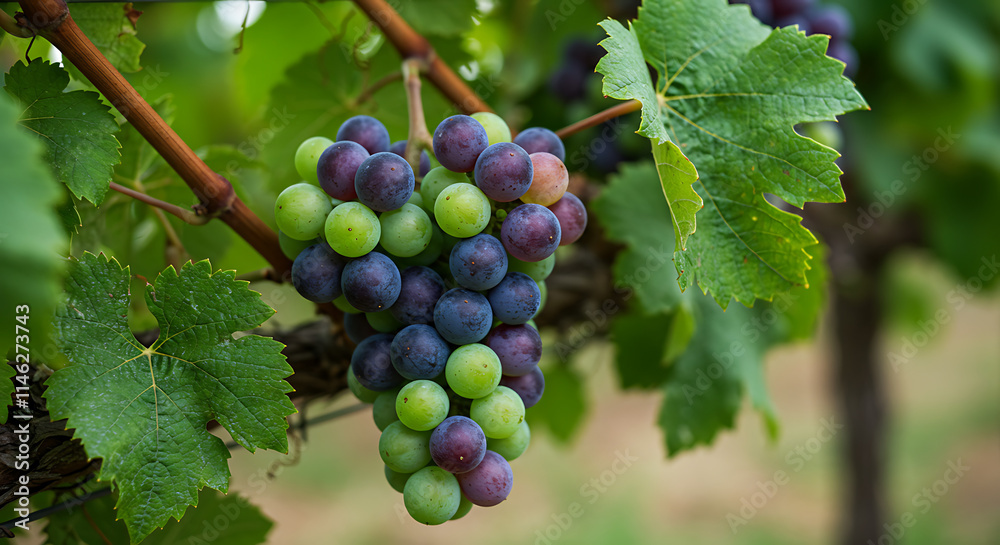 Lush Green Grapevine with Ripe Red and Green Grapes Lush Green Grapevine with Ripe Red and Green Grapes