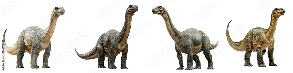 Fototapeta premium Four camarasaurus dinosaur figures with long necks and tails, showcasing various poses and details in their skin texture.