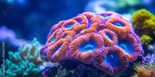 Vibrant angular brain coral, showcasing intricate goniastrea edwardsi patterns, creates a stunning underwater background, highlighting the beauty and diversity of marine life in coral ecosystems. photo