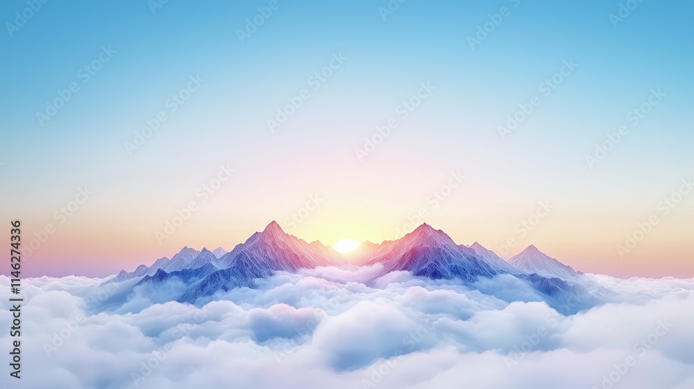 Sunrise over majestic mountains peaking through clouds. Sunrise over majestic mountains peaking through clouds.