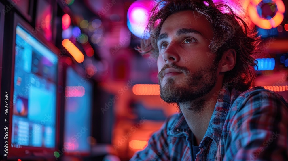Young Man Contemplating in a Vibrant Digital Space Young Man Contemplating in a Vibrant Digital Space