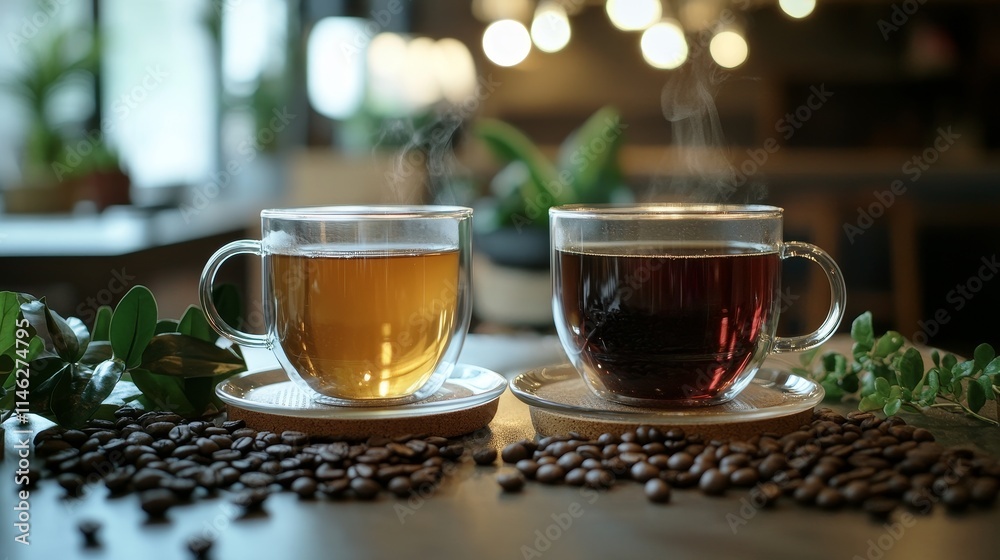 Delicious hot coffee and tea displayed on a table top, surrounded by aromatic coffee beans and fresh tea leaves, showcasing the rich flavors of coffee and tea in a cozy setting.