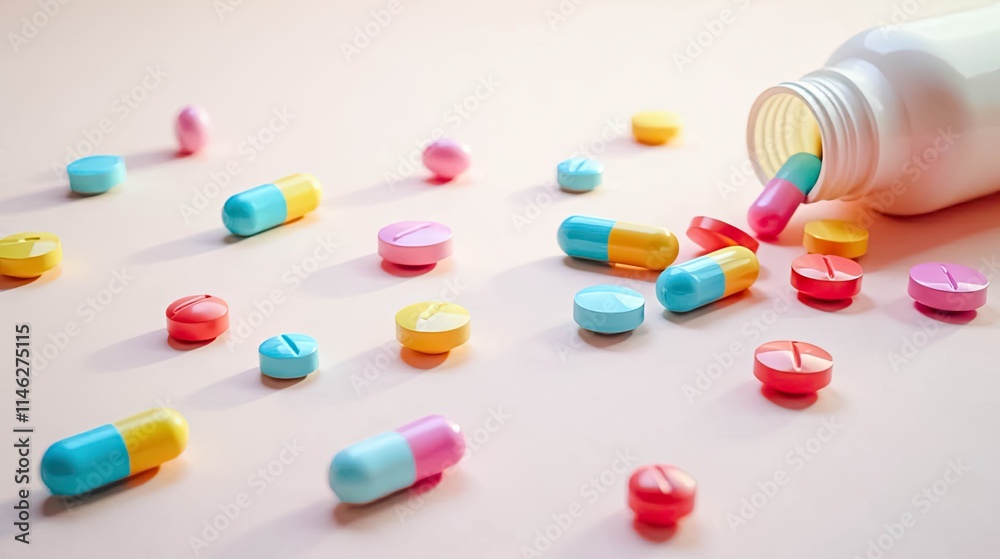 Pastel-colored capsules and tablets scattered on a soft pink surface, spilling from a white bottle, representing pharmaceutical care